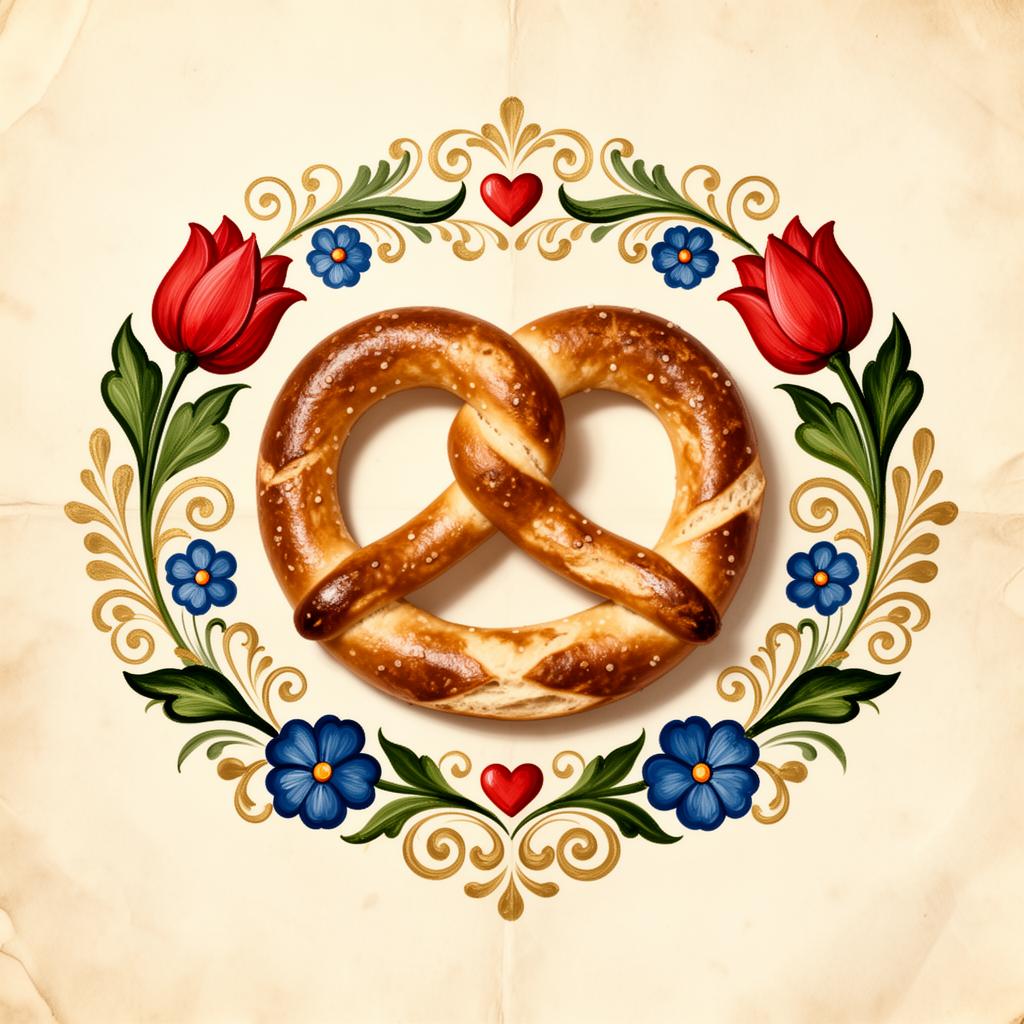 Ilustração de um bretzel cercado por motivos Bauernmalerei
